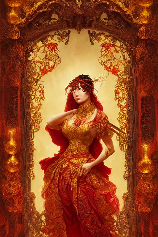 Image similar to tarot card artstation, portrait of an asian love dancer, sunrise, baroque ornamnet and rococo ornament, ancient chinese ornate, hyperdetailed, beautiful lighting, craig mullins, mucha, klimt, yoshitaka amano, red and gold and orange color palatte