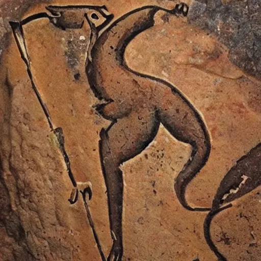 Image similar to neolithic cave painting of a half-fox warrior. strong and powerful anthropomorphic fox. gorgeous eyes. Bipedal foxman holding spear. Heiroglyphic art. carvings, cave scratches in cave wall. art by homo erectus. earthen colors