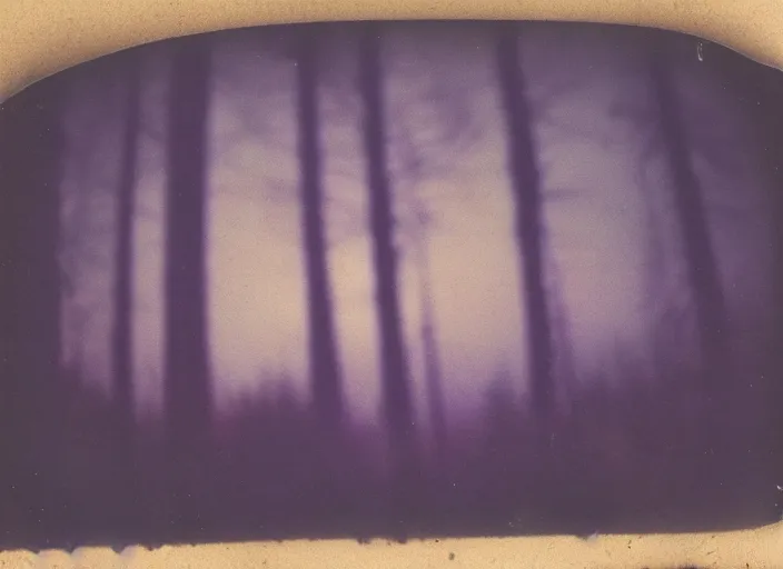 Prompt: aged blurry polaroid photograph of a ufo hovering above a forest at dusk