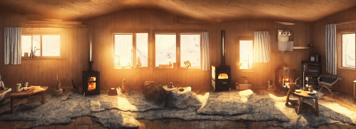 Prompt: The living room of a cozy small modern Norwegian cabin in midwinter with a warm wood stove, warm light, snow outside the windows, low ceiling, manga, anime, extremely detailed, in the style of Miyazaki, Studio Ghibli, beautiful, 4k, trending on Artstation