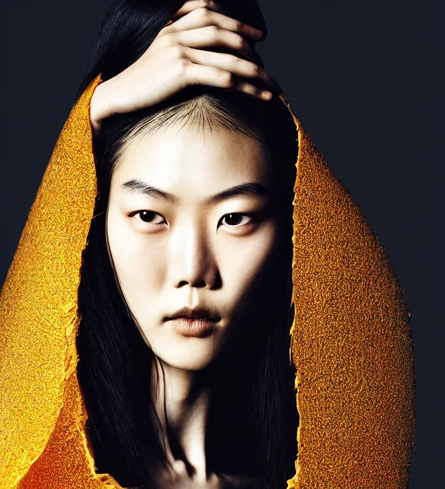 Prompt: photography facial portrait of liu wen, natural background, sensual lighting, natural fragile pose, wearing stunning cape by iris van herpen, with a colorfull makeup. highly detailed, skin grain detail, photography by paolo roversi, nick knight, helmut newton, avedon, araki