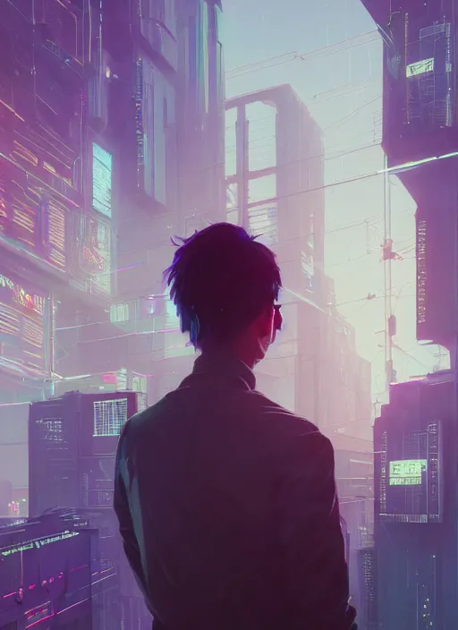 Image similar to highly detailed surreal vfx portrait of a cyberpunk gloomy hacker, stephen bliss, unreal engine, greg rutkowski, loish, rhads, beeple, makoto shinkai and lois van baarle, ilya kuvshinov, rossdraws, tom bagshaw, alphonse mucha, global illumination, detailed and intricate environment