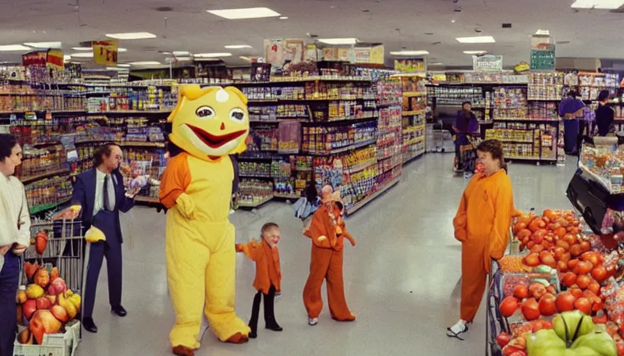 Prompt: 1990s candid photo of a beautiful day at the grocery store, cinematic lighting, cinematic look, golden hour, large costumed mascot business people giving presentations to families, Enormous personified business people with outstandingly happy faces coming out of a portal and talking to families, UHD