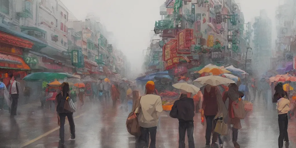 Image similar to morning market in chinatown, foggy rainy day, matte painting, studio ghibli, artstation