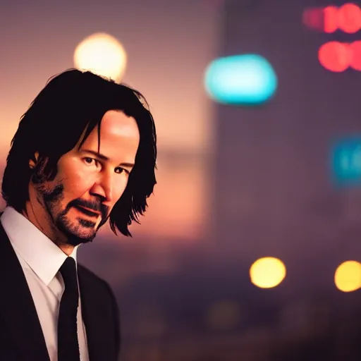 Prompt: a still of Keanu Reeves. Shallow depth of field. City at night in background, lights, colours ,studio lighting, mood, 4K. Profession photography