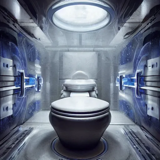 Image similar to hyperrealistic mixed media high resolution painting of a futuristic time traveling toilet, stunning 3d render inspired art by István Sándorfi and Greg Rutkowski and Unreal Engine, perfect symmetry, dim volumetric lighting, 8k octane beautifully detailed render, post-processing, extremely hyper-detailed, intricate, epic composition, highly detailed attributes, highly detailed atmosphere, cinematic lighting, masterpiece, trending on artstation, very very detailed, masterpiece, stunning, flawless structure, lifelike texture, perfection,