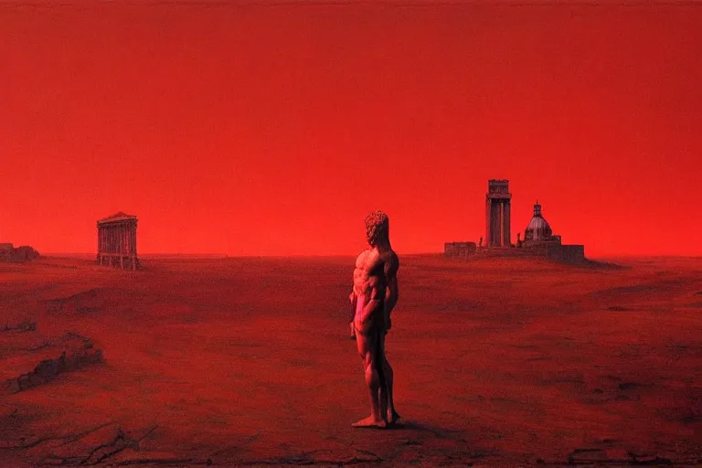 Image similar to only with red, caesar after war, a red tiger, in hoc signo vinces, rome in background, an ancient path, in the style of beksinski, part by hopper, part by rodcenko, part by hofbauer, intricate composition, red by caravaggio, insanely quality, highly detailed, masterpiece, red light, artstation