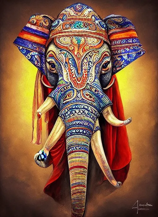 Prompt: portrait of ethereal elephant with indian flag colors painted on its face, intricate detail, ornate, conceptual art, soft light, dynamic, art by artgerm