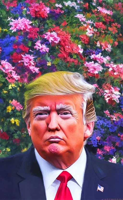 Image similar to romantic photorealistic portrait painting of donald trump surrounded by beautiful flowers, by gregory manchess, james gurney, james jean