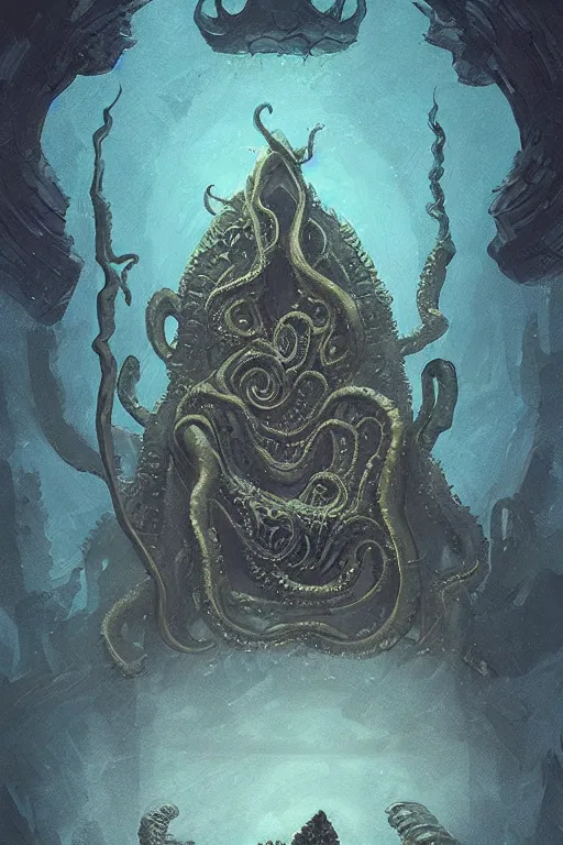 Image similar to lovecraftian king on a throne, digital art, in the style of greg rutkowski, trending on artstation