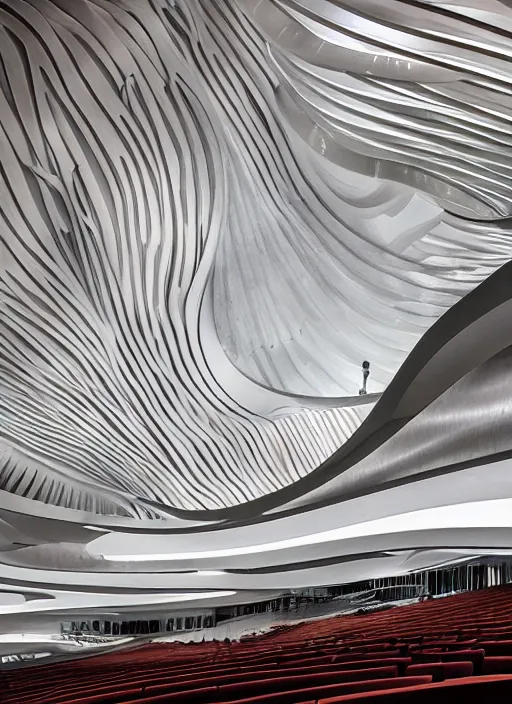 Image similar to large auditorium filled with lots of seats, an abstract sculpture by zaha hadid, featured on cgsociety, light and space, biomorphic, imax, intricate patterns