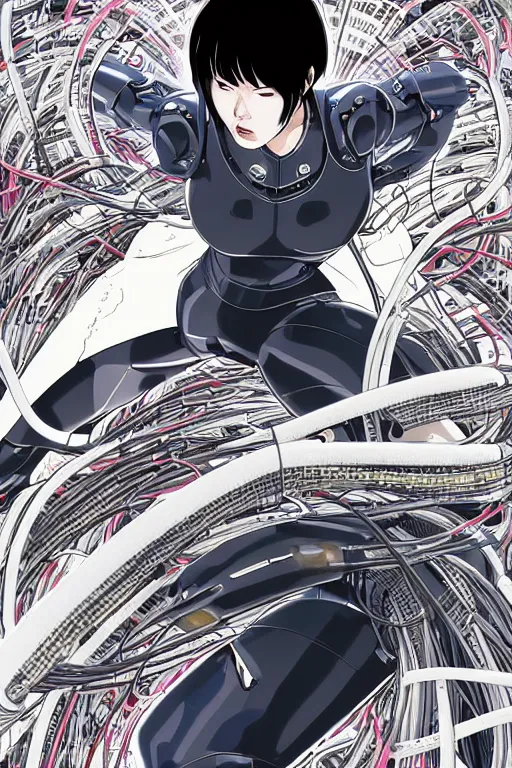 Image similar to ultra coherent motoko kusanagi kneeling on a white in style of masamune shirow, empty floor, with a mess of wires and cables coming out of her head and backside, by Yukito Kishiro and katsuhiro otomo, illustration, cyberpunk, hyper-detailed, colorful, complex, intricate, masterpiece, epic