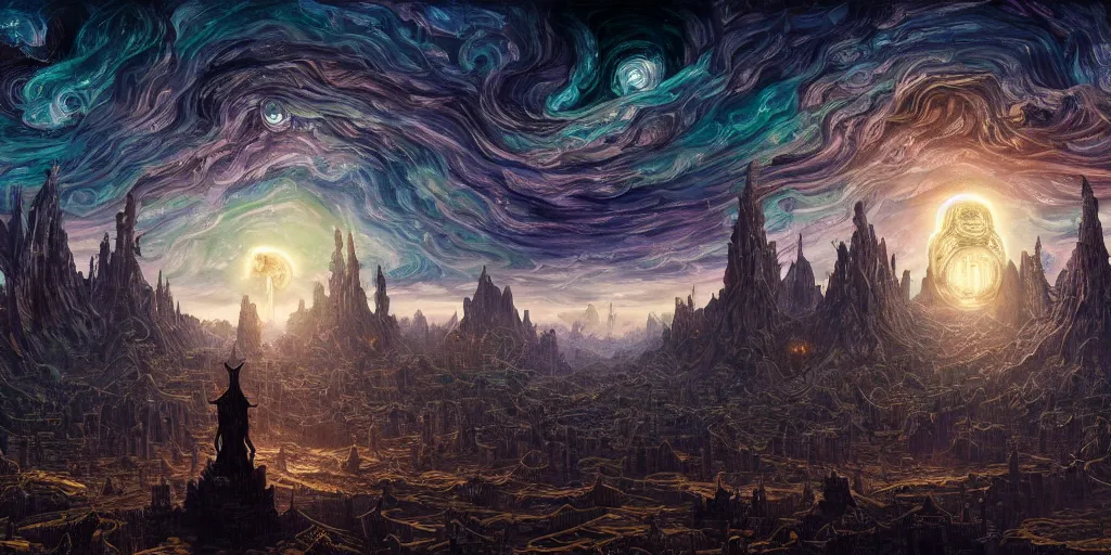 Prompt: an digital painting of the ancient city surrounded by magic guardians, collosal sculpture of faceless god in the middle, lovecraft style, intricate details, detailed sky, starry night, artstation, epic scenery, colourful sky, cinematic, by marco bucci and vasnetsov