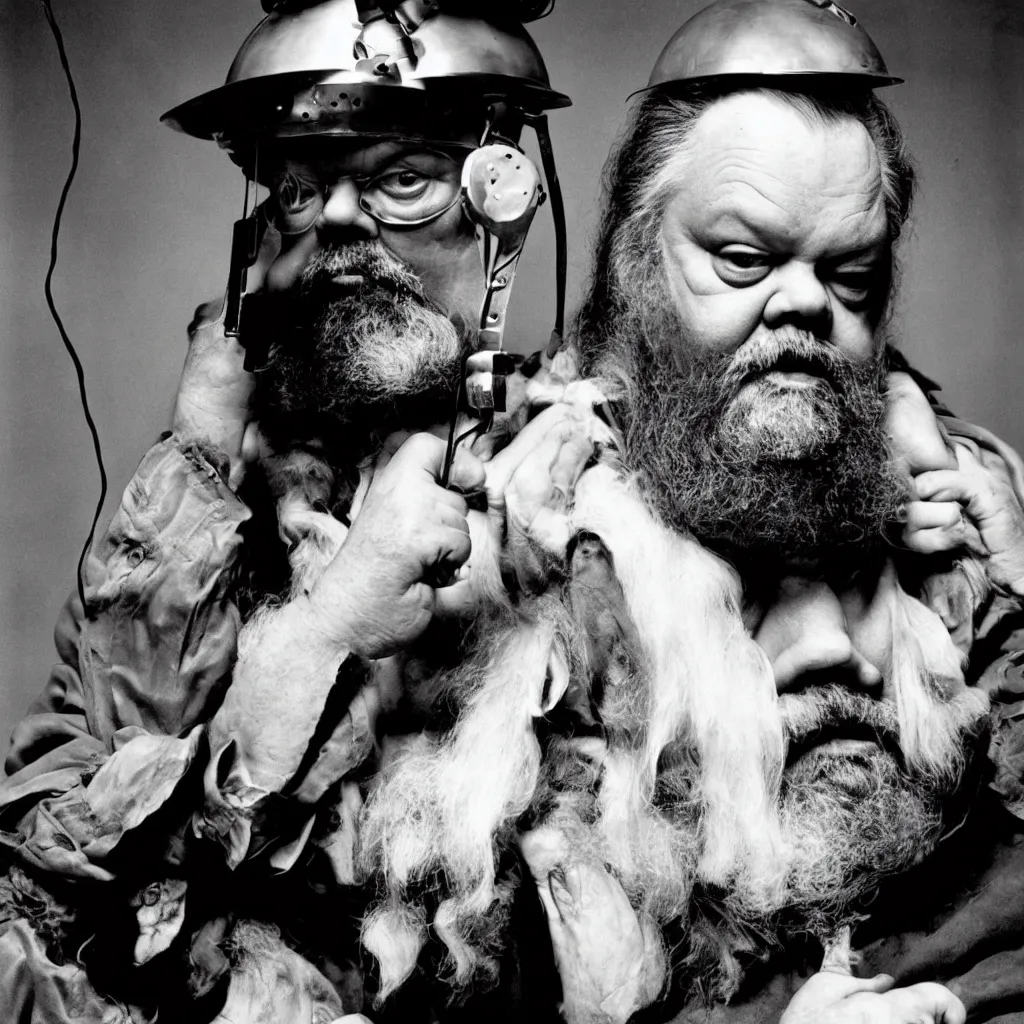 Prompt: An Alec Soth portrait photo of Orson Welles as Falstaff, wearing multiple helmets