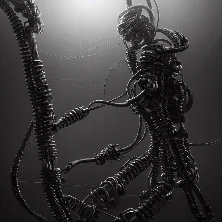 Prompt: cables steampunk computers , love death robots, beautiful detailed intricate insanely detailed octane render trending on Artstation, 8K artistic photography, photorealistic, chiaroscuro, Raphael, Caravaggio, Beksinski, Giger