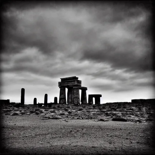 Prompt: a monolithic temple in a desert. overcast sky, grainy.