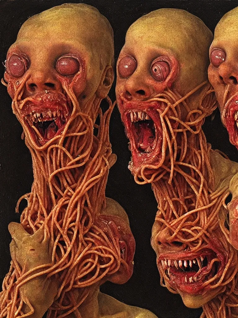 Image similar to siamese twins made of spaghetti, looking straight into camera, screaming in agony, 1 9 4 0 s, by giuseppe arcimboldo and ambrosius benson, renaissance, intricate and intense oil paint, a touch of beksinski and hr giger and edward munch, realistic