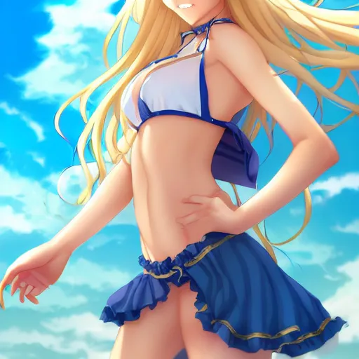Image similar to a very beautiful young anime giantess with her tiny dad, full body, long wavy blond hair, sky blue eyes, full round face, evil grin, bikini, miniskirt, front view, mid - shot, highly detailed, cinematic wallpaper by stanley artgerm lau