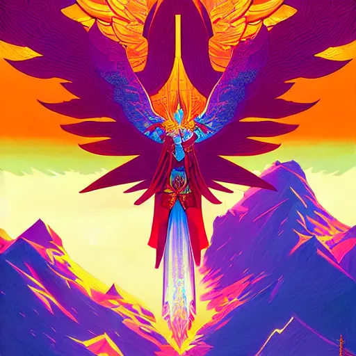 Image similar to guild wars 2, Phoenix, god rays, digital art, high detail by tristan eaton, victo ngai