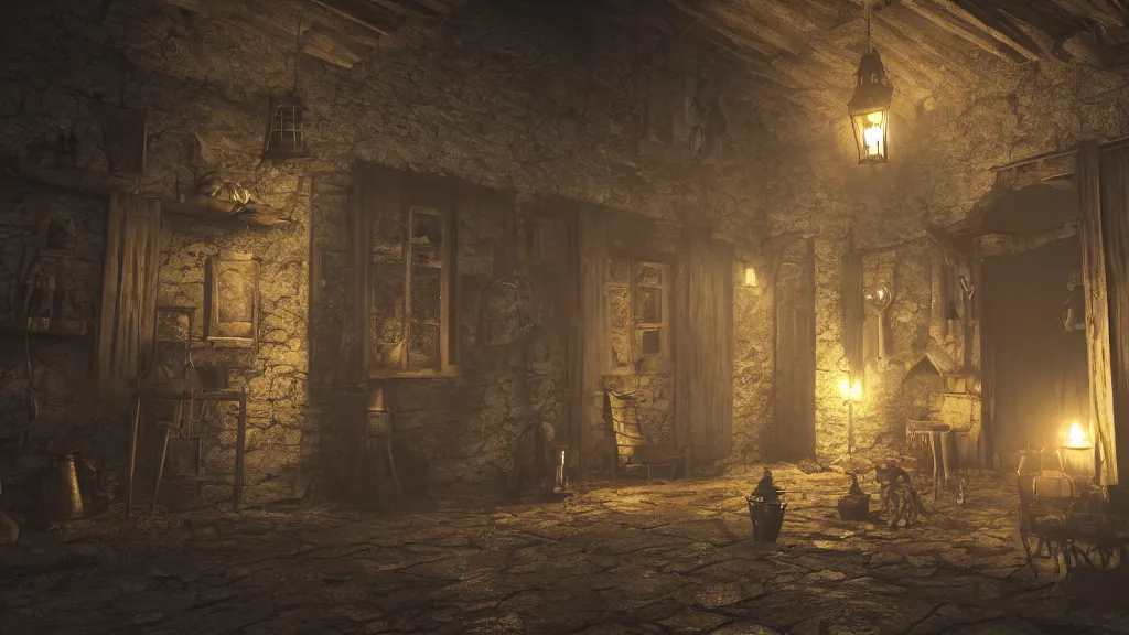 Prompt: A witch in the shadows of a dark decrepit medieval cottage at night, highly detailed interior, hyperrealistic, V-Ray render, 8k UHD