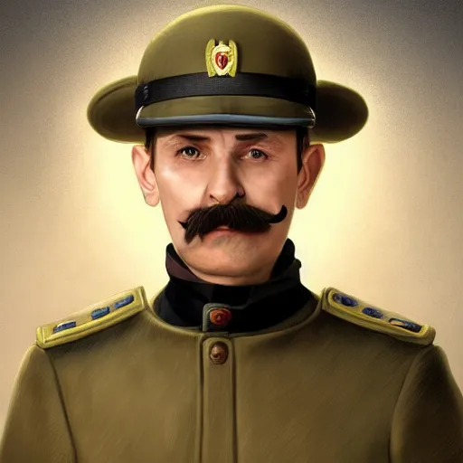 Prompt: character portrait of a russian man in khaki military tunic wearing black hat with black moustache holding a lightsaber, no beard, medium shot, concept art, global illumination, 4 k, hyper detailed, pixar animation style, 8 k, studio light, award winning, by artgerm, sylvain sarrailh, rossdraws, wlop, beautiful!.