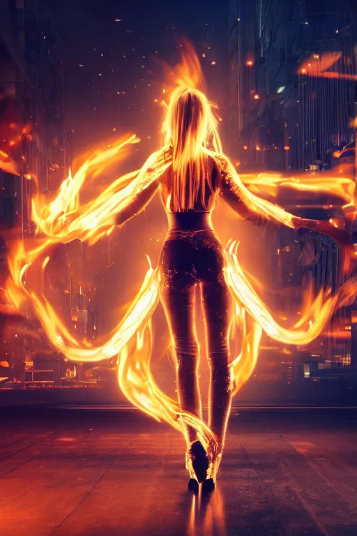 Image similar to young blonde woman from behind with flames dancing on her hands with a long jacket in a cyberpunk city, realistic, high definition, 4K, shimmering color, epic digital art