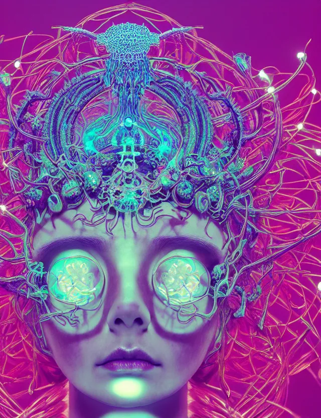 Image similar to symmetrical, centered, goddess close-up portrait wigh crown made of skulls. phoenix betta fish, phoenix, bioluminiscent creature, super intricate ornaments artwork by Tooth Wu and wlop and beeple and Dan Flavin and Daniel Buren and greg rutkowski