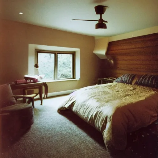 Prompt: bedroom with earth tones interior circa 1990