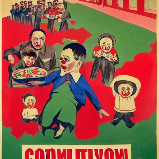 Prompt: communist clown painting soviet propaganda style in poster style portrait hungry children in the background