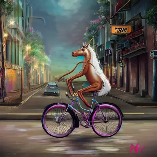 Image similar to one unicorn riding a bike in the tel aviv streets, vivid, digital art, artstation, 8 k