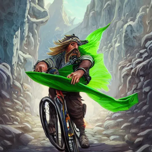 Prompt: a bearded and long haired bicycle food delivery worker with a green bag on his back in Europe, hearthstone art style, epic fantasy style art by kim jung gi, fantasy epic digital art