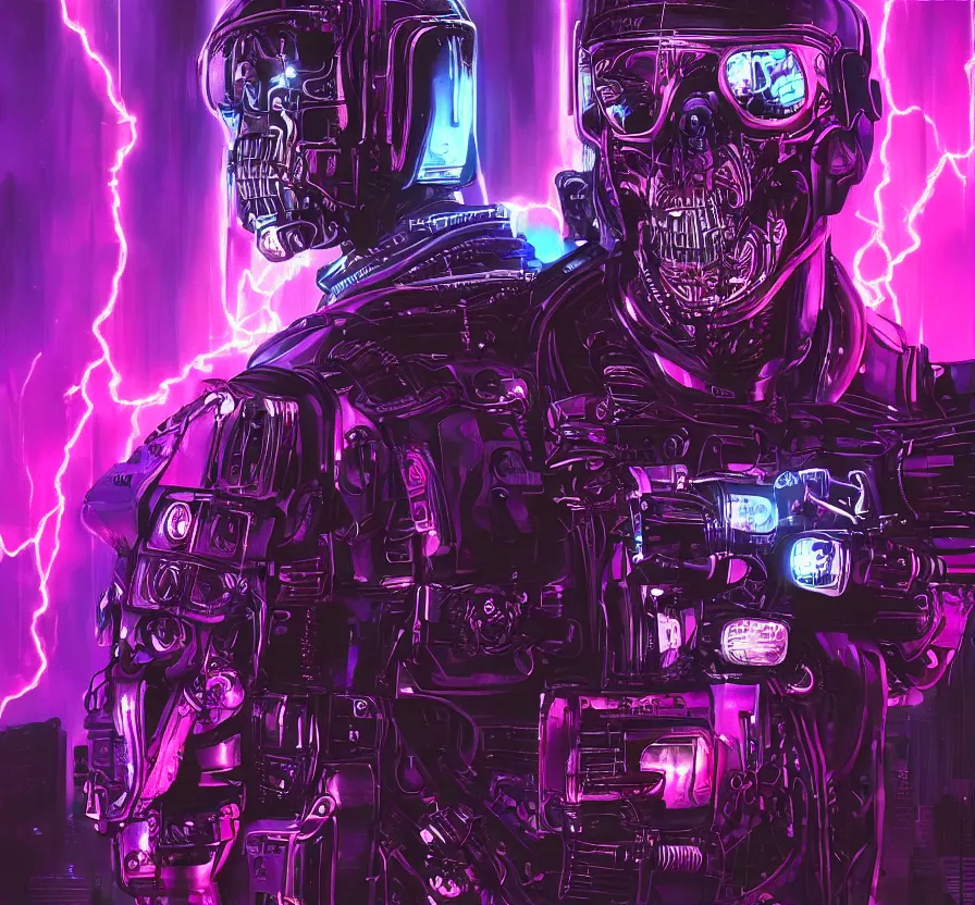 Image similar to cyberpunk retrowave terminator with purple lightning lines, acrilic paint, brush paint, heavenly atmosphere, paint, ultra detailed, beautiful image, resolution, artstation