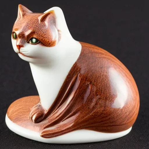 Image similar to elegant anthropomorphic cat figurine wearing a kimono, cast brown resin, toggles, very highly detailed, intricate, monotone, shy looking down