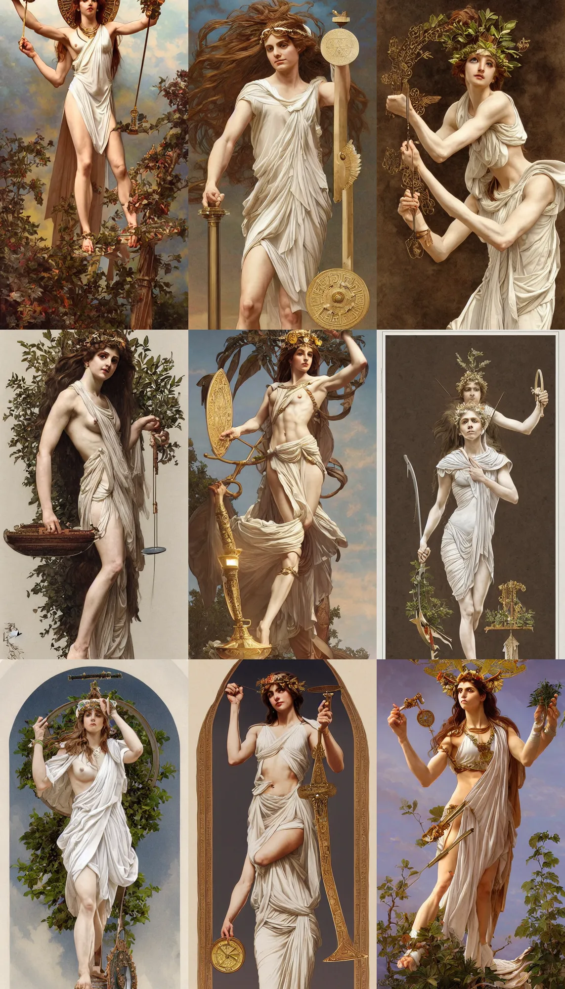 Prompt: an extremely realistic full body portrait of themis the greek goddess of balance holding a balance scale, wearing ancient greek white paper tunic and laurel wreath, extremely beautiful, precise anatomy, young and slender, by artgerm and by greg rutkowski and by alphonse mucha and by simon bisley, radiant light, detailed and intricate environment