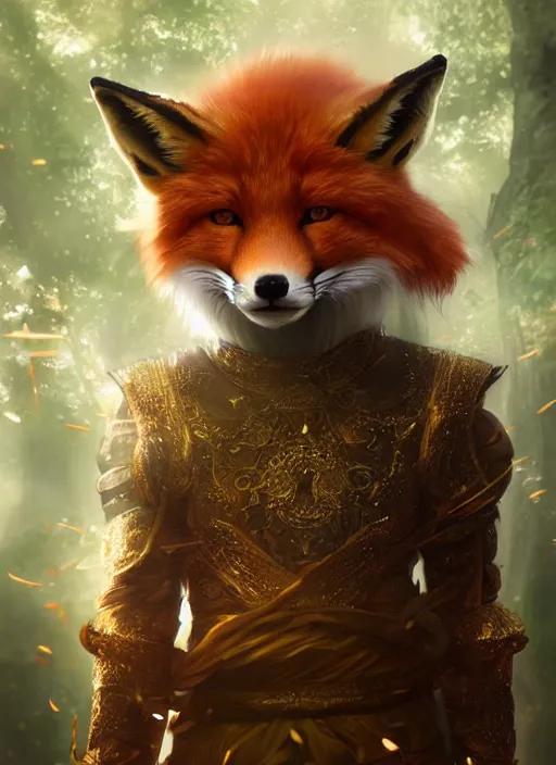 Prompt: Beautiful art portrait of a fox in monk clothing as a fantasy martial arts expert in a bright temple surrounded by lush forest, atmospheric lighting, intricate detail, cgsociety, hyperrealistic, octane render, RPG portrait, ambient light, dynamic lighting