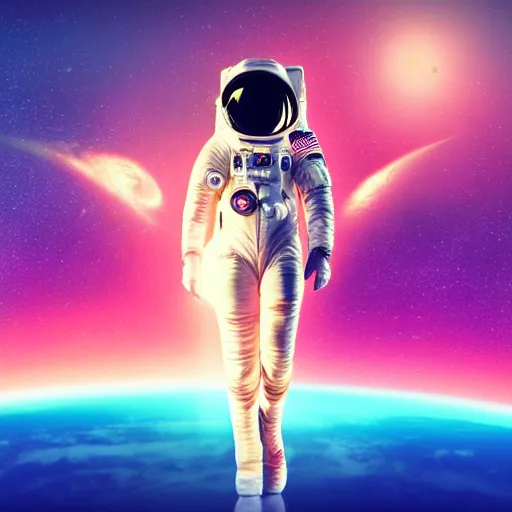 Image similar to A wide angle shot from below of a female astronaut with a feminine body walking with swagger towards camera on mars in an infinite universe , synthwave digital art