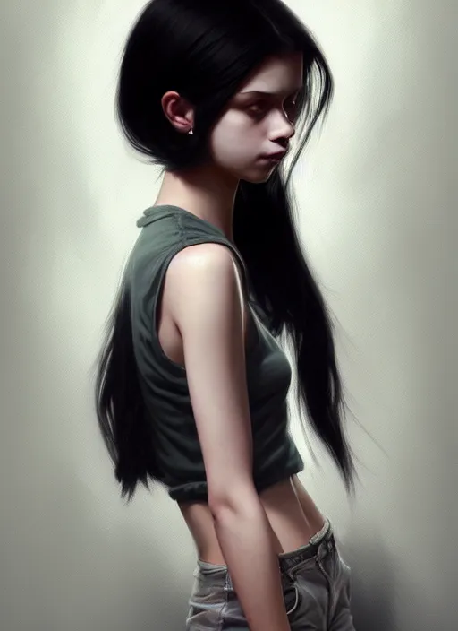 Image similar to ultradetailed beautiful painting of a stylish young lady wearing a short top, dramatic, she has black long hair, distressed, volumetric light, full body portrait by greg rutkowski, ilya kuvshinov, james jean, makoto shinkai, on artstation