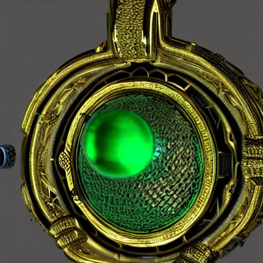 Image similar to shiny metallic amulet with a glowing emerald, highly detailed, concept art, beautiful, octane render, realistic, underwater