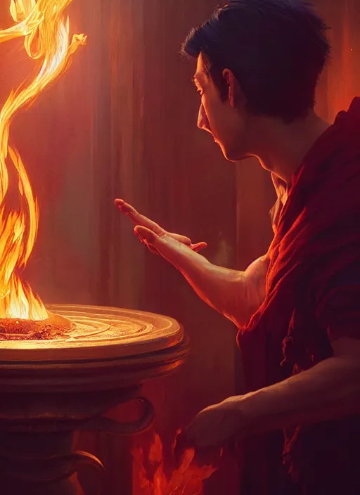 Prompt: highly detailed vfx portrait of a magician casting a fire spell, unreal engine, greg rutkowski, only, once, beeple, makoto shinkai and lois van baerle, ilya kuvshinov, rossdraws, tom bagshaw, alphonse mucha, global lighting, detailed and complex environment