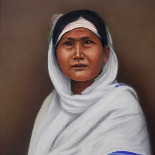 Image similar to a nepali woman wearing a white shawl, oil painting