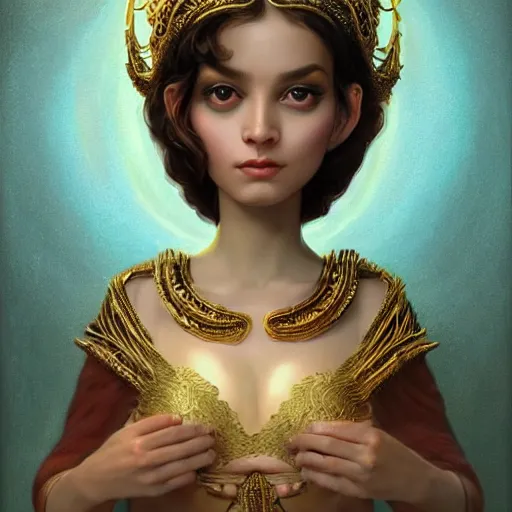 Prompt: an intelligent young goddess with a gold grown lookin at the camera, she has a beautiful unconventional face, intricate, elegant, highly detailed, digital painting, artstation, concept art, smooth, sharp focus, illustration, art by mark ryden and gaston bussiere 3 d 8 k ultra detailed