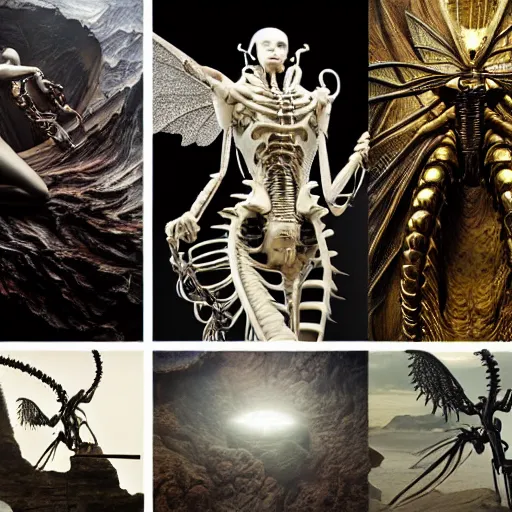 Prompt: still frame from Prometheus movie by Makoto Aida, flying biomechanical angel gynoid by giger, mimicking devil's dragon flower mantis, metal couture by neri oxmn and Guo pei, flying angel editorial by Malczewski and by Caravaggio