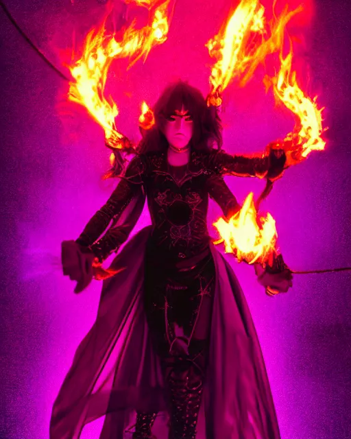 Image similar to pyromancer devil girl cover in purple death flames, deep pyro colors, purple laser lighting, award winning photograph, radiant flares, intricate, various refining methods, micro macro autofocus, evil realm magic painting vibes