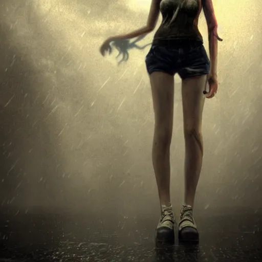 Prompt: witch woman, soft eyes and narrow chin, dainty figure, long hair straight down, short shorts, combat boots, fishnets, wet tshirt, raining, basic white background, side boob, symmetrical, single person, style of by Jordan Grimmer and greg rutkowski, crisp lines and color,