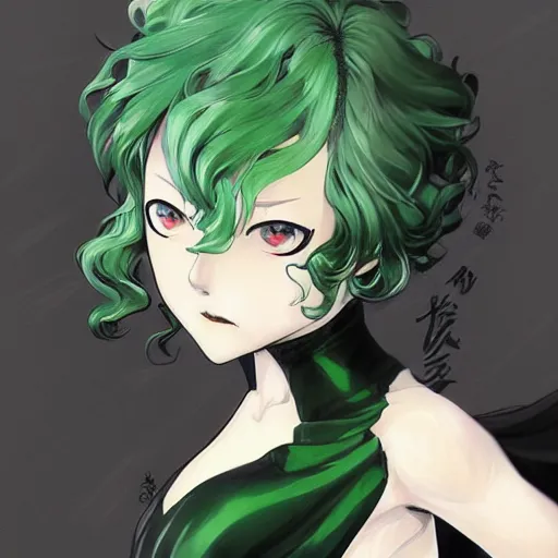 Image similar to tatsumaki from one punch man, green wavy hair, black dress, fine details, sharp focus, intricate, by cushart krenz, by makoto shinkai, by wlop, by artgerm