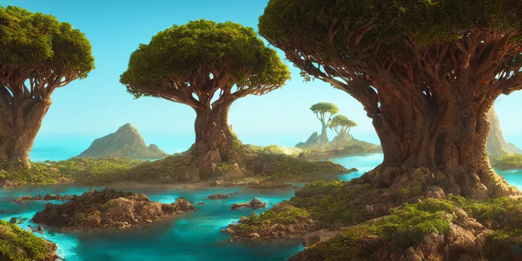 Image similar to Lively landscape of a socotra island filled with socotra dragon trees, realistic detailed digital art by Maxwell Boas Jessica Rossier Christian Dimitrov Anton Fadeev trending on Artstation CGSociety rendered in Unreal Engine 4k HQ