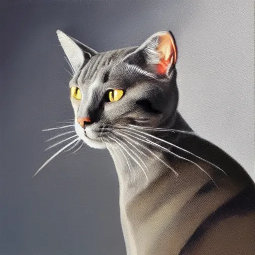 Image similar to a grey manx cat smoking a cigarette, photorealistic oil painting