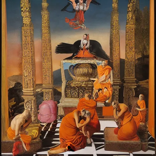 Image similar to hindu monks worshipping giant crow on greek senete baroque painting, lionardo davinchi