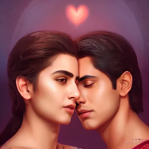 Image similar to theatrical press release ; indian young male and female couple sharing one heart ; stunning digital artwork by artgerm ; cinematic movie pose ; photorealistic, hyperrealistic, dramatic soft rim light ; highly detailed ; face by wlop ; trending on artstation ; cinematography from music video ; symmetrical, high coherence