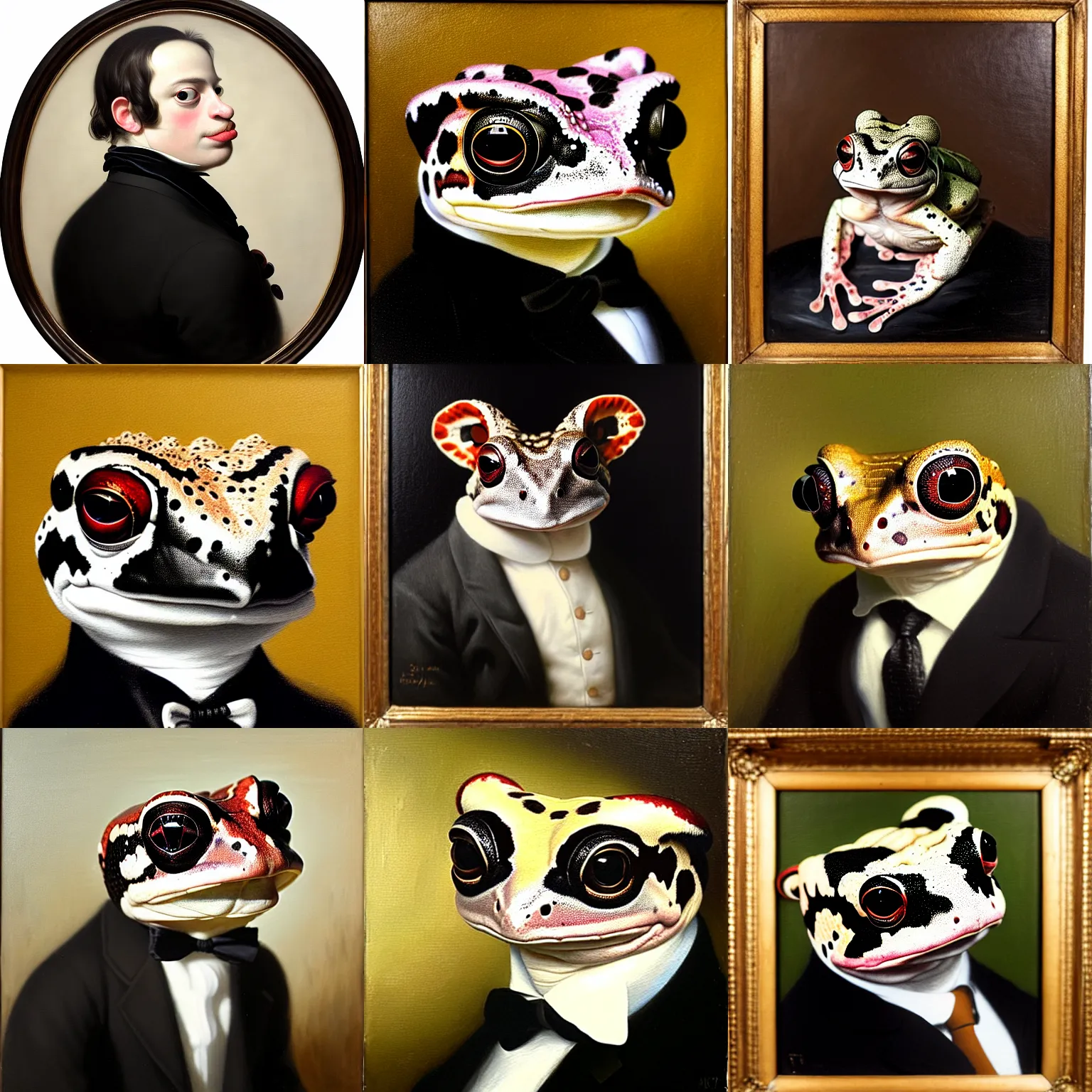 Prompt: a head - and - shoulders portrait of an amazon milk frog wearing a black buttoned jacket with a white puff tie, an american romanticism painting, a portrait painting, cgsociety, soft focus, oil on canvas